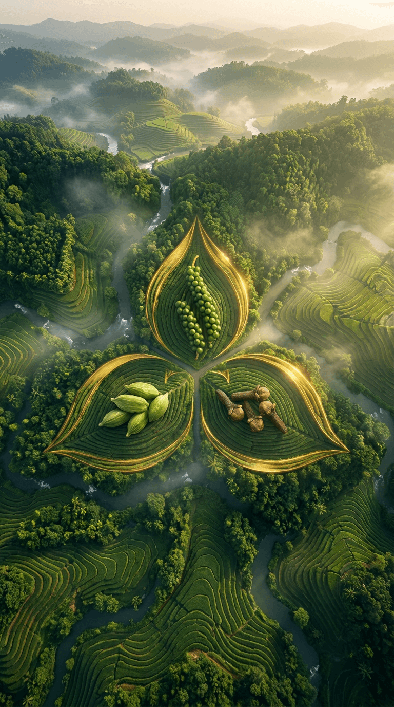 Aerial view of estate plantations forming the Triyanza trinity — pepper, cardamom and cloves